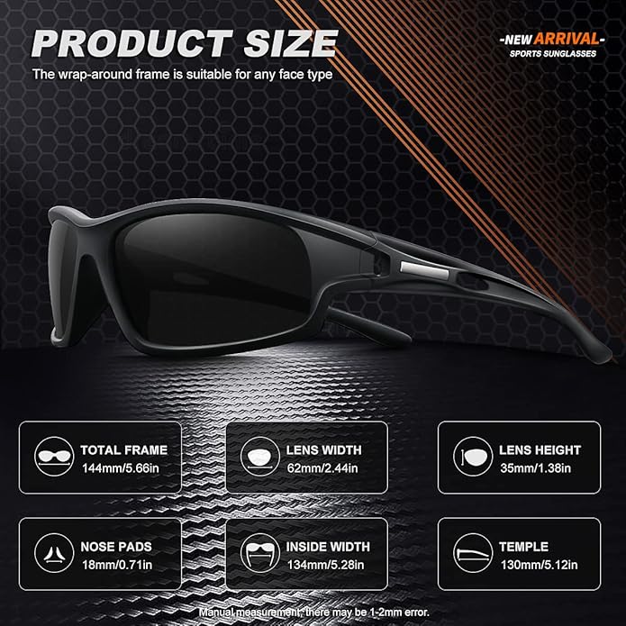 Polarized Sports Sunglasses for Men 100% UV Protection Wrap Around Unbreakable Sun Glasses for Fishing Driving