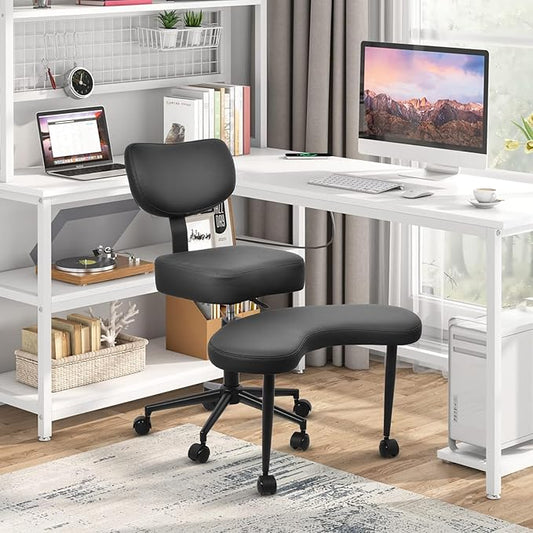 Meditation Chair Cross Legged ADHD Office Chair for Adults with Wheels Ergonomic Back Support and Leg Rest for Multi Position Criss Cross Sitting Kneeling and Yoga Height Adjustable, Leather Style