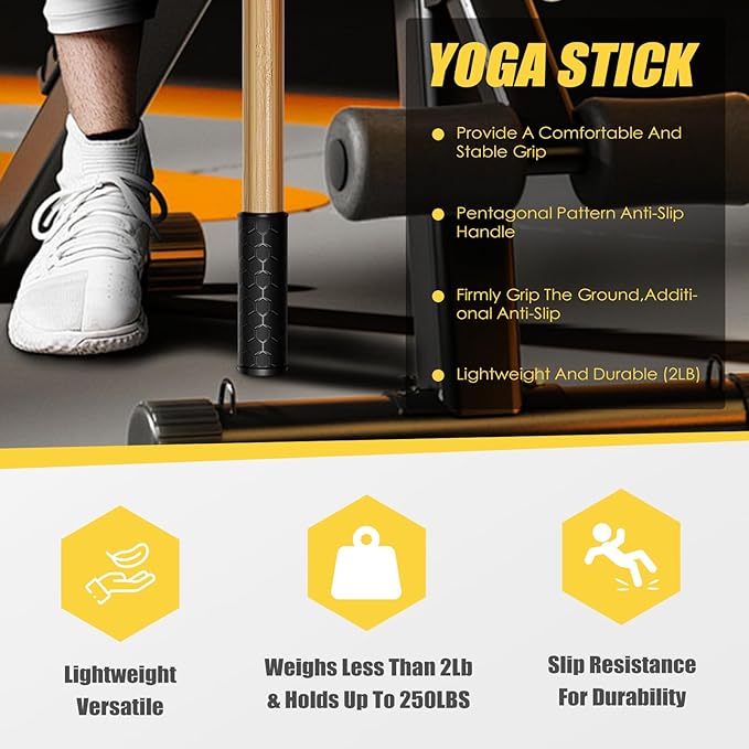 Bamboo Stretch Yoga Stick, 5ft/149 cm, Flexibility Stick for Physical Therapy, Premium Yoga Dowel with Super Sturdy Rubber Handle Ends, Exercise Bar for Posture Corrector