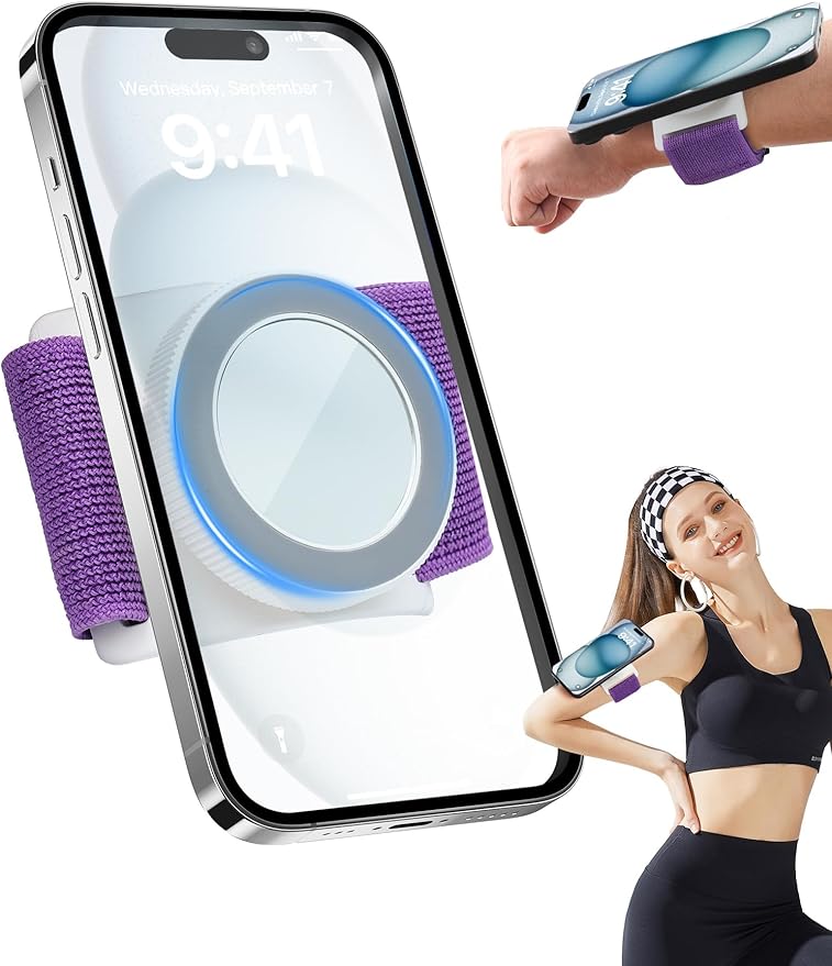 TOPGO Magnetic Running Phone Holder for iPhone, HD Mirror & Extendable Anti-Drop Rope for Gym/Yoga, 360° Rotatable Wrist Phone Holder, Fits iPhone 16 Pro & Android (Purple, 2 Straps)