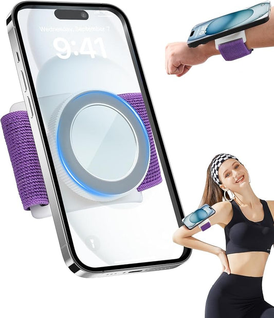 TOPGO Magnetic Running Phone Holder for iPhone, HD Mirror & Extendable Anti-Drop Rope for Gym/Yoga, 360° Rotatable Wrist Phone Holder, Fits iPhone 16 Pro & Android (Purple, 2 Straps)
