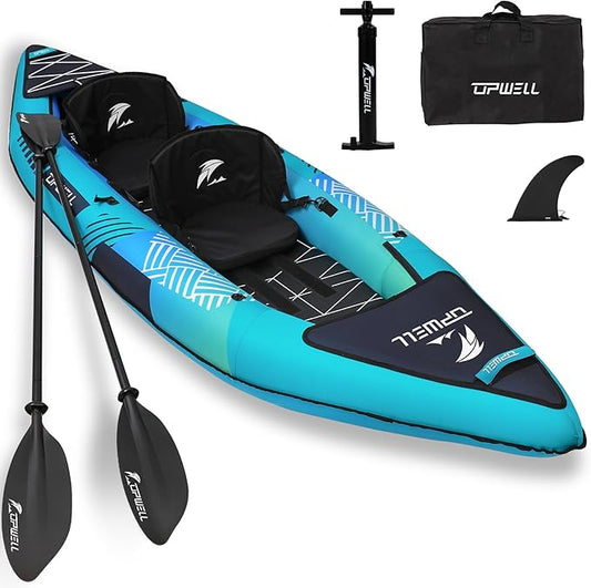 UPWELL 13'6”/11' Inflatable Recreational Kayak - 2 Person with Drop Stitch Floor and Accessories Including Kayak Seats with High Back Support, Paddle, Fin, Repair Kits, Carry Bag and Hand Pump