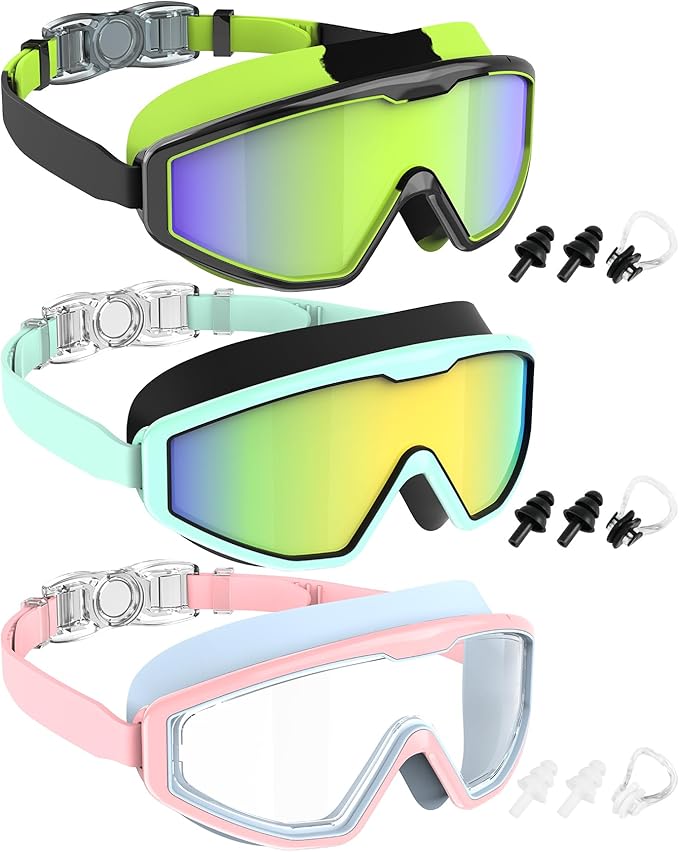 NSSIW Swim Goggles Swimming Kids-Goggles: Anti Fog No Leak with Nose Clip Earplugs for Girls Boys Youth 6-14 3 Pack