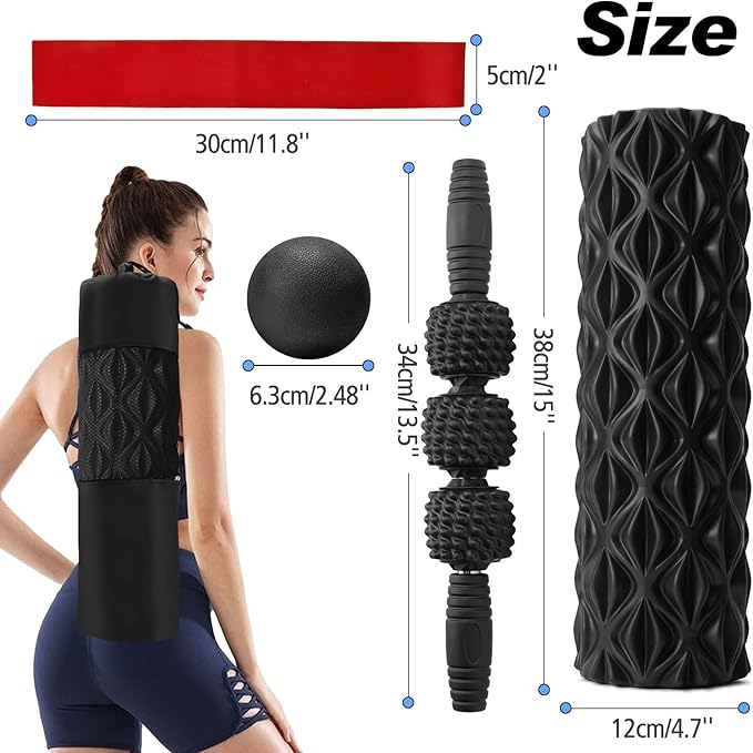 5 in 1 Foam Roller Set Trigger Point Foam Roller, Massage Roller Stick, Massage Ball, Stretching Strap for Deep Muscle Massage Pilates Yoga, Fitness Exercise for Whole Body (Black Diamond)