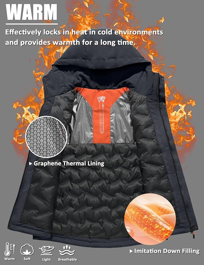 Men's Winter Jacket Waterproof Ski Snow Coat Windproof Snowboard Hooded Raincoats with Warm Graphene lining