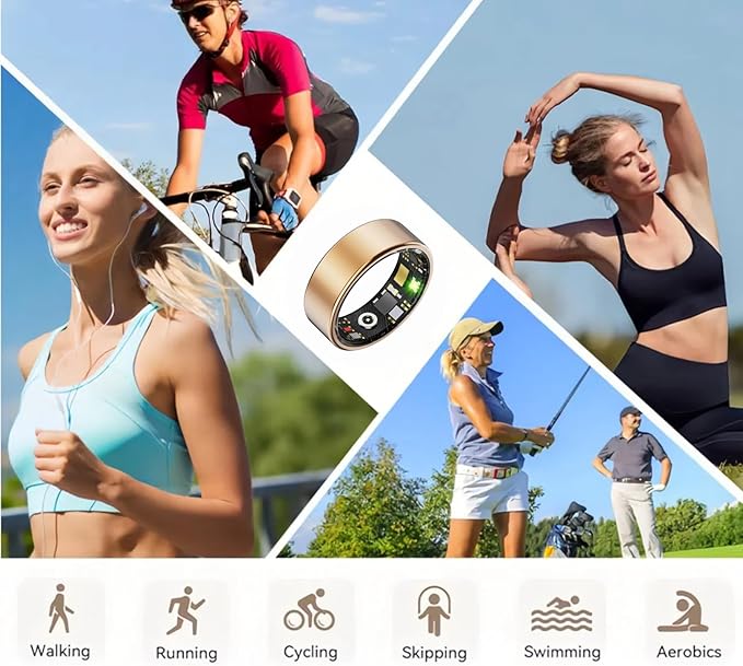 Smart Wellness Ring, Stylish Fitness Tracker with Heart Rate, Blood Oxygen, Blood Pressure, Sleep & Step Monitor. IP68 Waterproof, No Subscription, iOS & Android Compatible (Gold, 7)