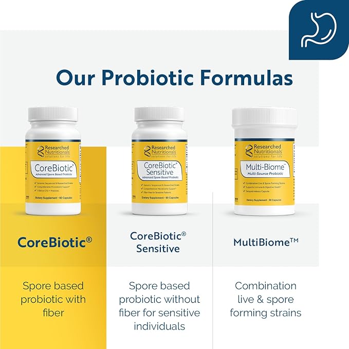 Researched Nutritionals Gut Health Supplements with Prebiotics & Probiotics for Women & Men - CoreBiotic - 3 Spore Based Probiotic Strains + Organic Prebiotic Fiber - Shelf-Stable (60 Capsules)