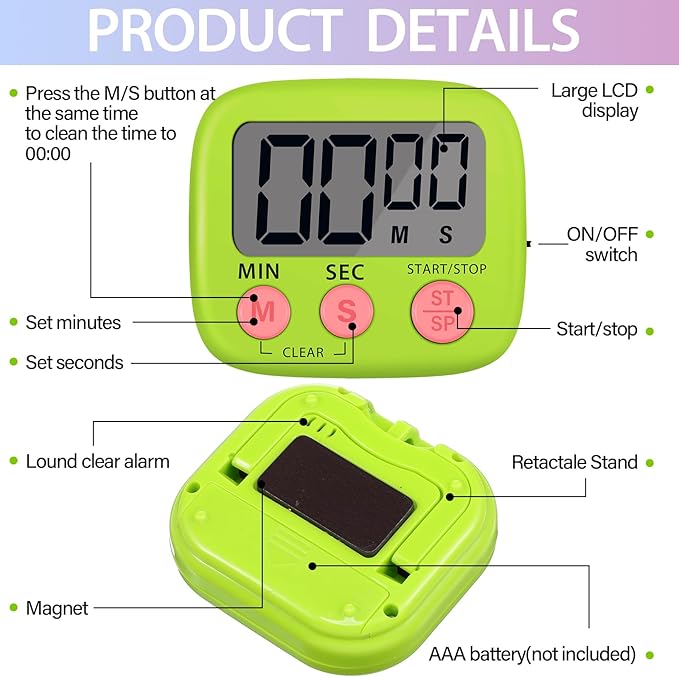 Weewooday 24 Pcs Digital Kitchen Timer Magnetic Timer Bulk On/Off Switch Minute Second Count up Countdown Loud Alarm for Exercise Cook Baking(Multicolor)