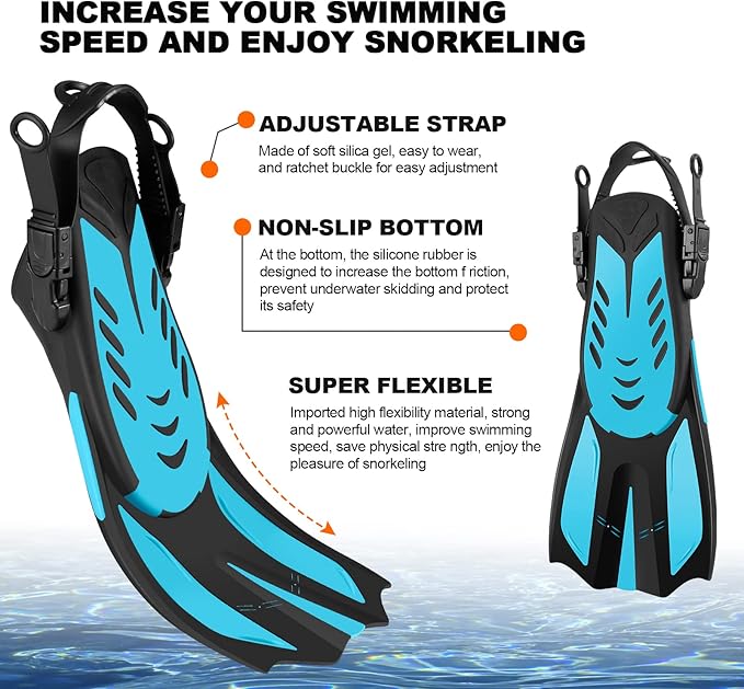 Odoland Kids Snorkeling Packages Snorkel Set, Dry Top Snorkel Mask with Adjustable Swim Fins for Boys and Girls Age 7-14