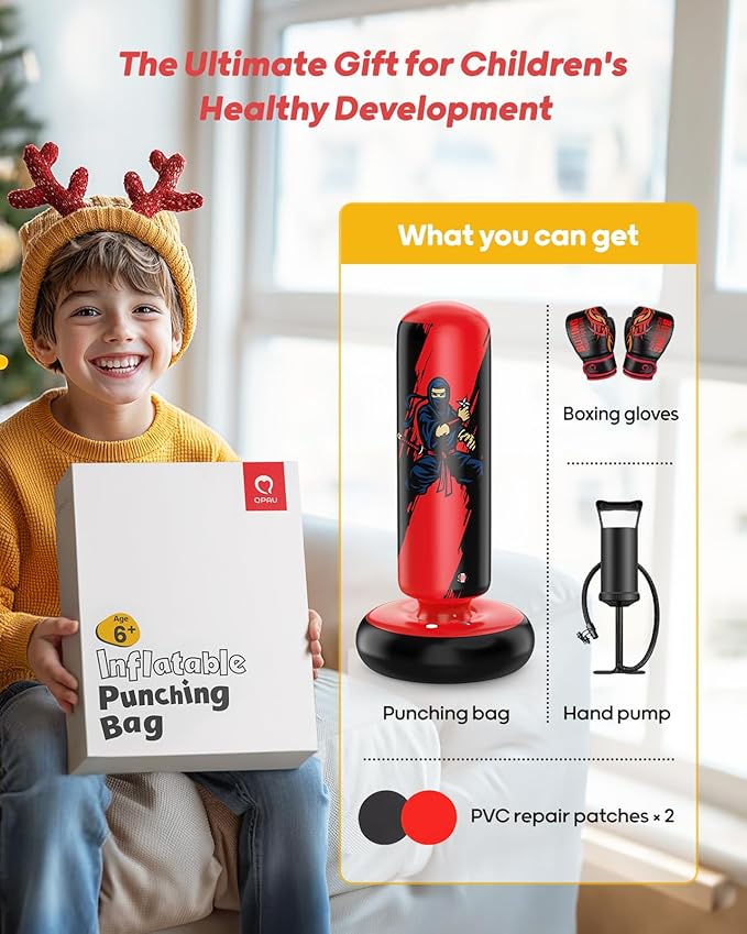 QPAU Punching Bag for Kids, 66 Inch Stable Inflatable Boxing Bag with Boxing Gloves, Stand Kids Punching Bag Toy for Boys & Girls Age 6-12, Boxing Set for Practicing Karate, Taekwondo, MMA
