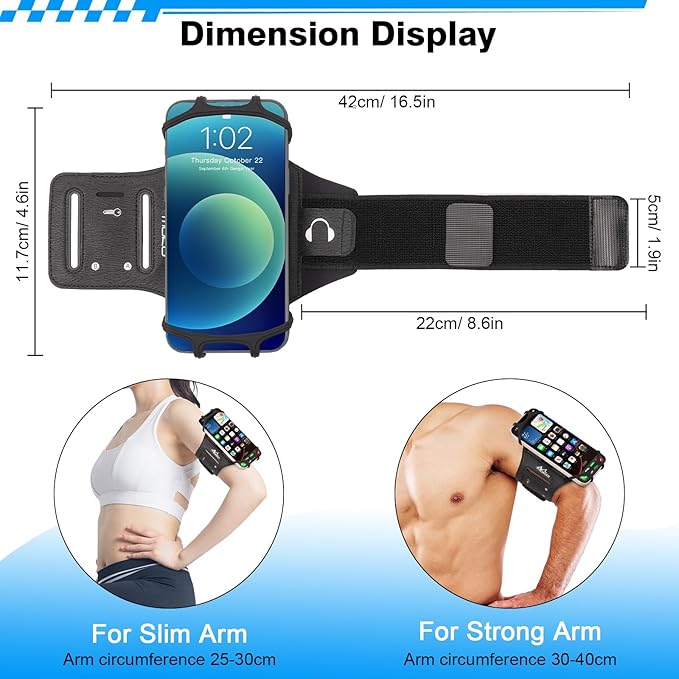 MoKo Running Armband 360°Rotatable for iPhone 16 15 14 13 Pro Max Plus Samsung Galaxy Note S24 S23 Fits Smartphones Over 5.8'', Detachable Armband Phone Holder for Running Biking with Key Holder