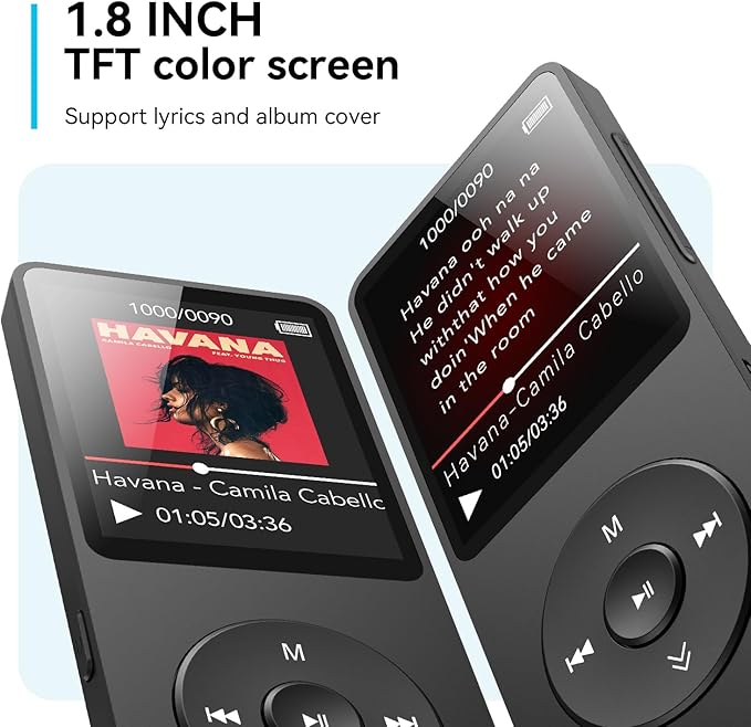 AGPTEK A02 MP3 Player with Bluetooth 5.3, 1.8 inch Screen Portable Music Player with Speaker, FM Radio, Voice Recorder, Supports Expanded Up to 128GB(Black, 64GB)