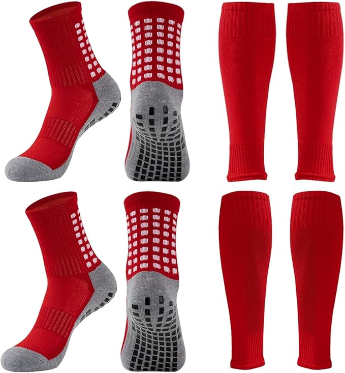2 Set Anti-Slip Grip Soccer Socks with Shin Guard Sleeves, Sports Athletic Socks for Men Women
