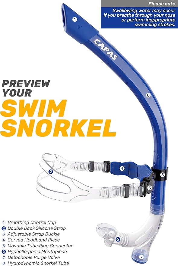 CAPAS Training Swim Snorkel for Lap Swimming, Swivel Headband Ultimate Fit Center-Mount Swimmers Snorkel with Liquid Silicone Mouthpiece Adjustable Strap, Designed for Adult Men Women