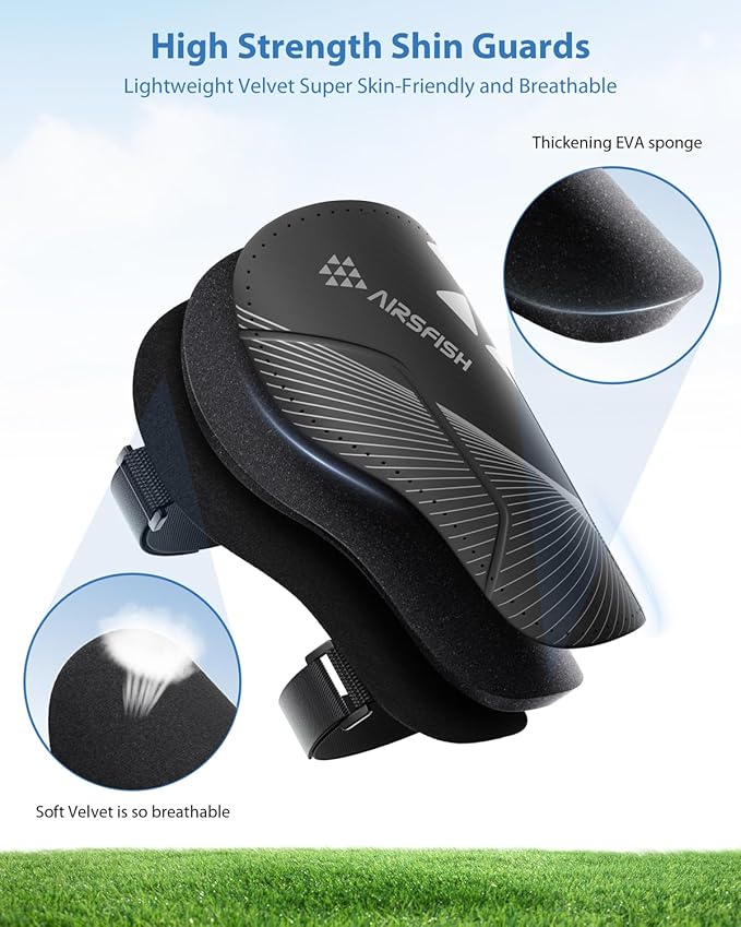 Shin Guards Soccer Kids Youth, CE Certified Airsfish Shin Guard Protection Gear for 2-18 Years Old Boys Girls Teenagers High Impact Resistant Breathable Comfortable 1 Pair 4 Sizes