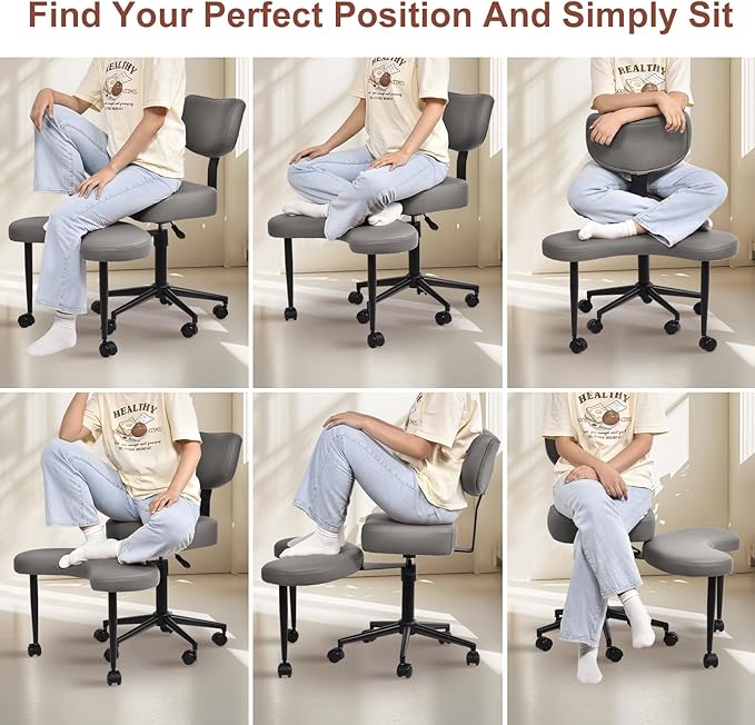 Meditation Chair Cross Legged ADHD Office Chair for Adults with Wheels Ergonomic Back Support and Leg Rest for Multi Position Criss Cross Sitting Kneeling and Yoga Height Adjustable, Leather Style