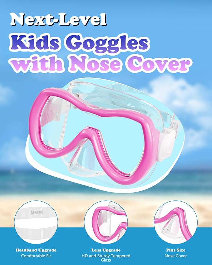 Aegend Kids Swim Mask Goggles, Tempered Glass 180° HD Wide View with Nose Cover