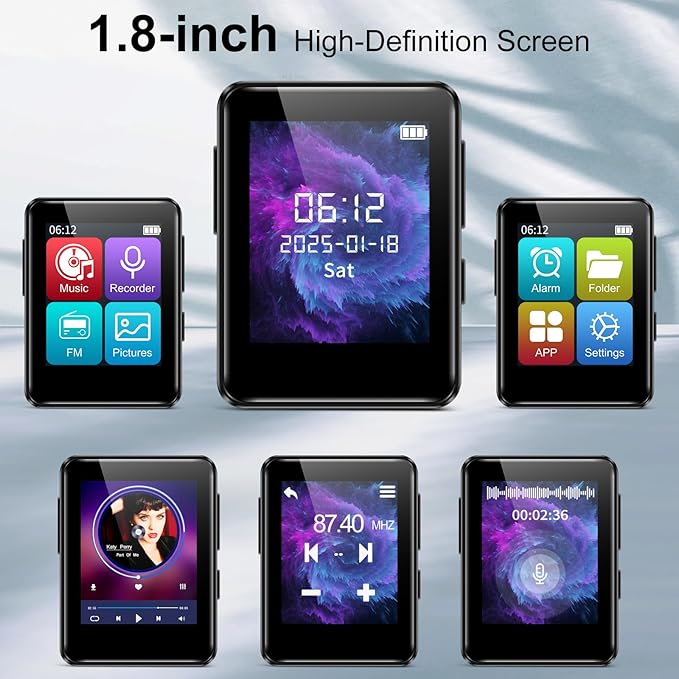 MP3 Music Player 32GB with Bluetooth, Portable Mini Music Player with 1.8 inch Screen, Speakers, FM Radio, Recorder, Up to 512GB, Black