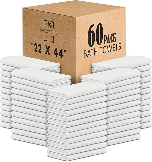 CH White Bath Towels Bulk - 22 x 44 Inches, 100% Cotton Economy Light Weight Towels for Commercial Use - Quick Dry, Ultra-Soft, and Absorbent Bulk Towels (60 Pack)