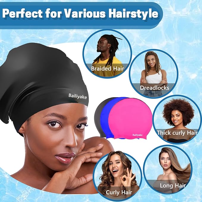 3 Pack Extra Large Swim Cap for Braids & Dreadlocks - Waterproof Silicone Swim Hat for Women with Long Thick Hair, Protective Swim Cap Cover Ears for Swimming, Shower, Bathing