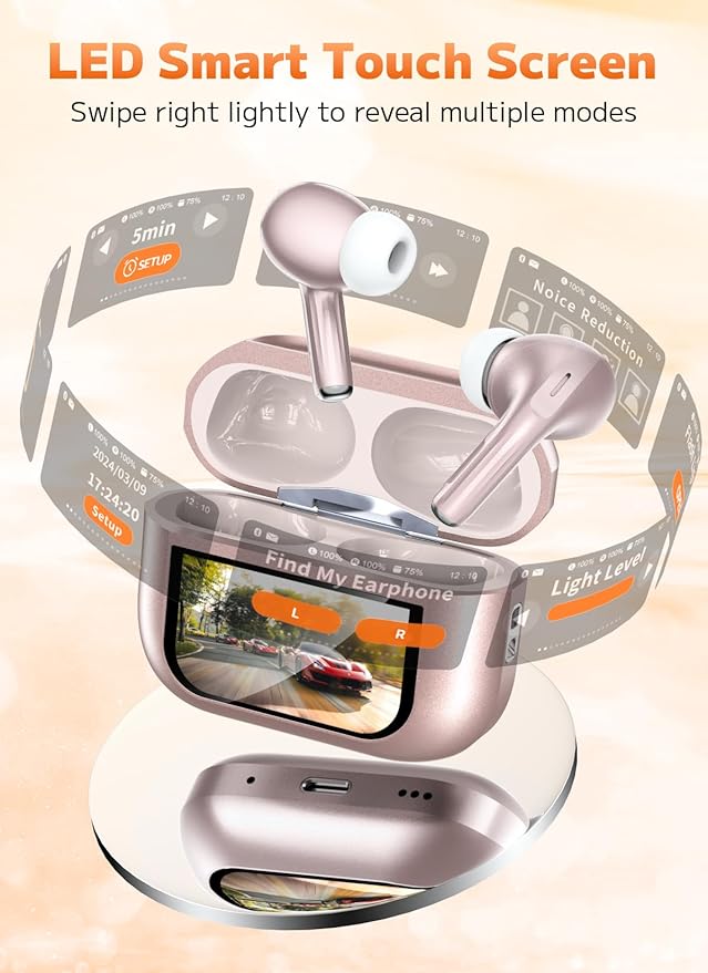 Wireless Earbuds, Bluetooth 5.4 Ear Buds with Multifunctional Touch Screen, ANC/ENC Noise Cancelling Headphones with 48H Playtime, Bass Stereo Sound, for Laptop, Android/iOS, Pad, Rose Gold