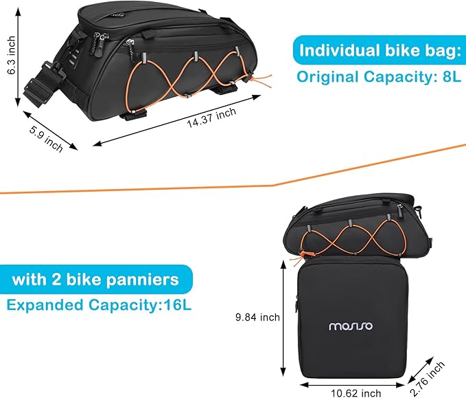 MOSISO Bike Rack Bag with 2 Removable Panniers, Waterproof Bike Trunk Cooler Storage Handbag Insulated Bicycle Rear Seat Pouch, Bicycle Storage Saddle Shoulder Bag Cycling Luggage Pouch, Black