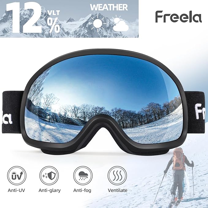 Freela Ski Goggles OTG Men Women, Over Glasses Snow Snowboard Sports Goggles for Adult Youth 100% UV400 Protection Anti Fog