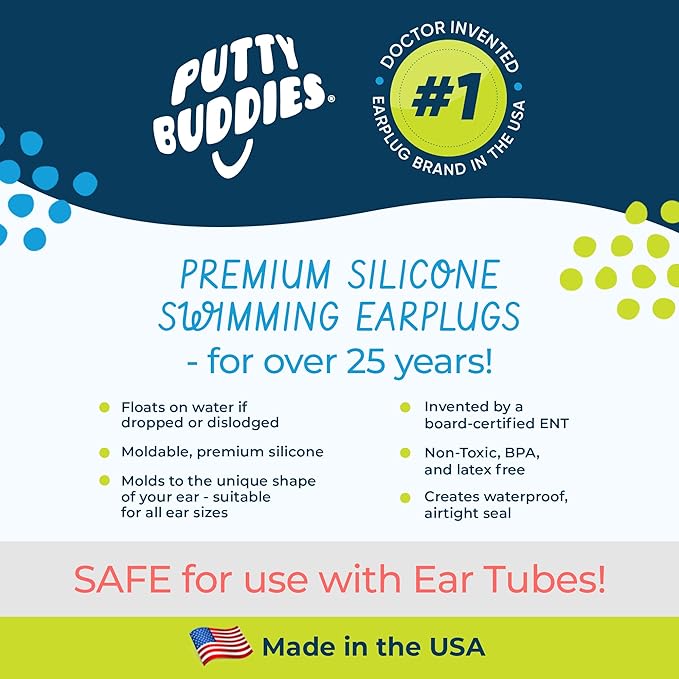 Earvolution Floating Putty Buddies Ear Plugs for Swimming - Invented by an Ear Physician - Moldable, Premium, Silicone - Floats on Water - Waterproof - Made in The USA - 3 Pack - Red/White/Blue