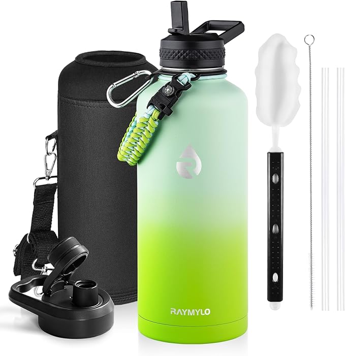 Insulated Water Bottle 87 oz, Triple Wall Vacuum Stainless Steel (Cold for 48 Hrs), Leak Proof & Non-BPA, Modern Water Flask Jug with Paracord Handle & Straw Spout Lids, Ombre Green