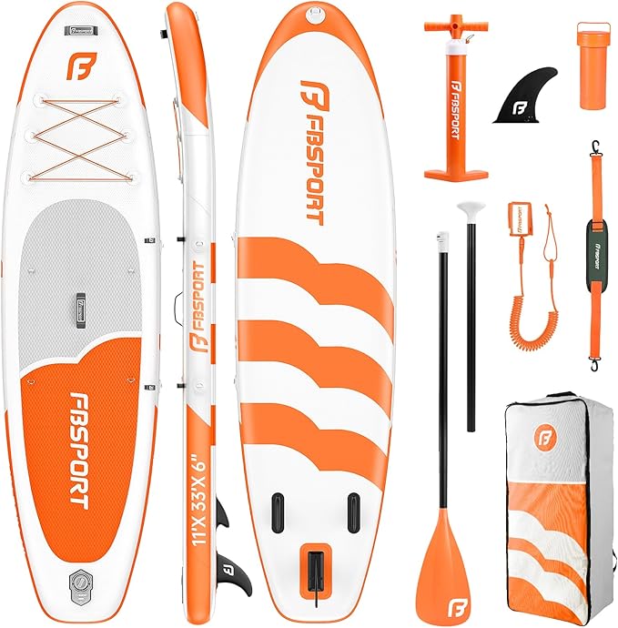 FBSPORT 11FT Premium Inflatable Stand Up Paddle Board with Electric Pump, Yoga Board with SUP Accessories & Carry Bag | Wide Stance, Surf Control, Non-Slip Deck, Leash and Paddle for Youth & Adult
