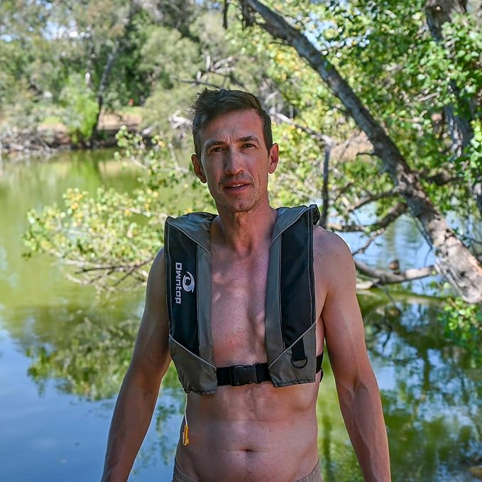 Owntop Manual Inflatable Swim Jacket, Neoprene Padded Neckline, 33g C02 Cylinder Included, Multiple Reflective Strips, Compact Design for Kayak, Fishing, Paddle Sports