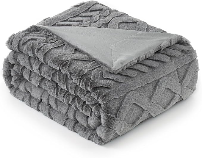 Cozy Bliss Faux Fur Throw Blanket for Couch, Jacquard Fuzzy Plush Soft Thick Winter Throw Blanket for Sofa Bed Living Room Bedroom，50"x60" Grey