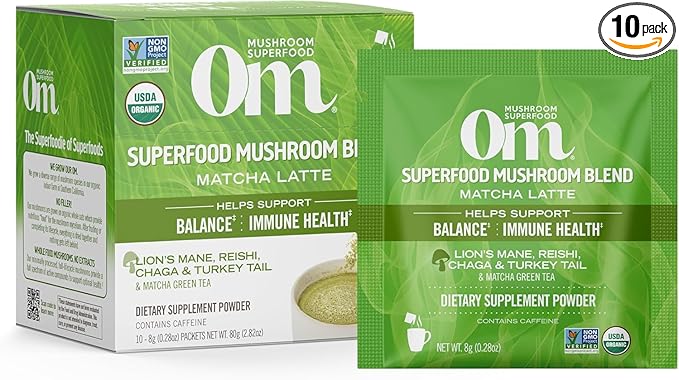 OM MUSHROOM SUPERFOOD Matcha Latte Blend Mushroom Powder, Single Serve, 10 Count, Green Tea, Lion's Mane, Reishi, Chaga, Turkey Tail, Focus & Stress Support Supplement