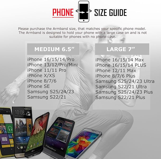 RevereSport Waterproof Running Armband for Phone with Case On (Otterbox, Lifeproof). Sports Phone Holder Compatible iPhone 17/16/15/14/13/12/11/SE Samsung S25/S24/S23/S22/S21/S20 (Medium)