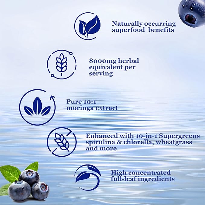 Raw Moringa Liquid Drops 8000 mg, Organic Moringa Oleifera Leaf Extract w. Supergreens Blend of Wheatgrass, Barley Grass for Antioxidant, Energy & Immune, High Potency Than Capsules Powder