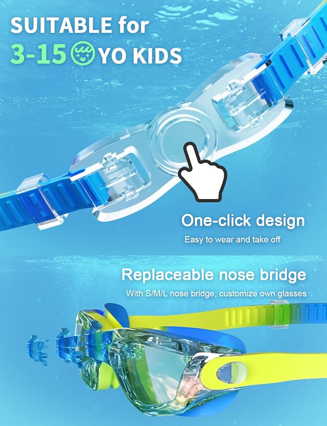 Kids Swim Goggles, Swimming Goggles for Kids with Nose Clip, Earplugs, Nose Bridge for Age 3-15