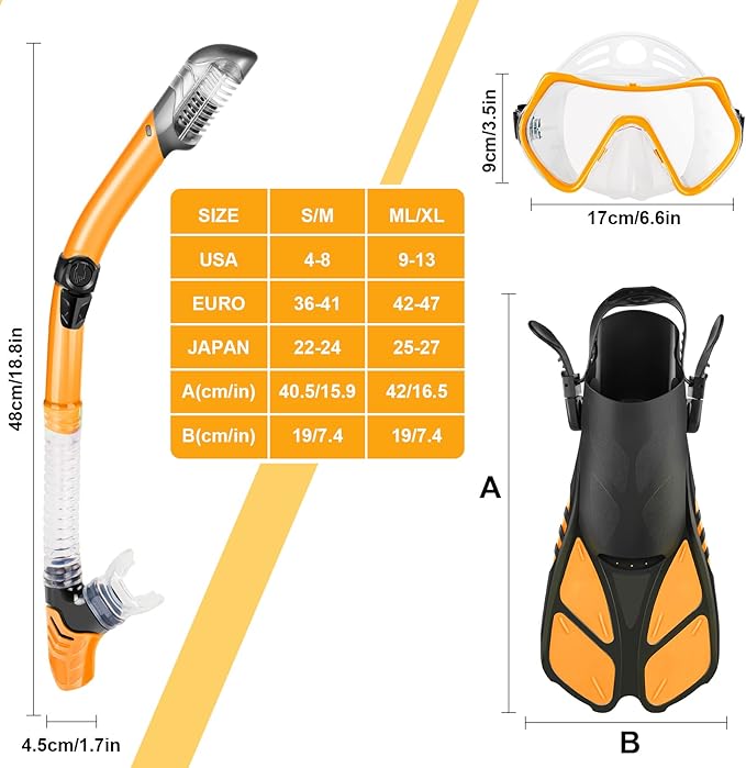 ZEEPORTE Mask Fin Snorkel Set, Travel Size Snorkeling Gear for Adults with Panoramic View Anti-Fog Mask, Trek Fins, Dry Top Snorkel and Gear Bag for Swimming Training, Snorkeling Kit Diving Packages
