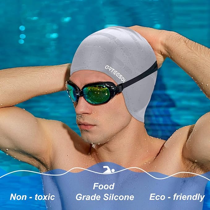 Swimming Cap, Silicone Swim Cap for Women Men, Durable Non-Slip Waterproof Swim Cap Protect Ears, Long Hair for Adults, Older Kids