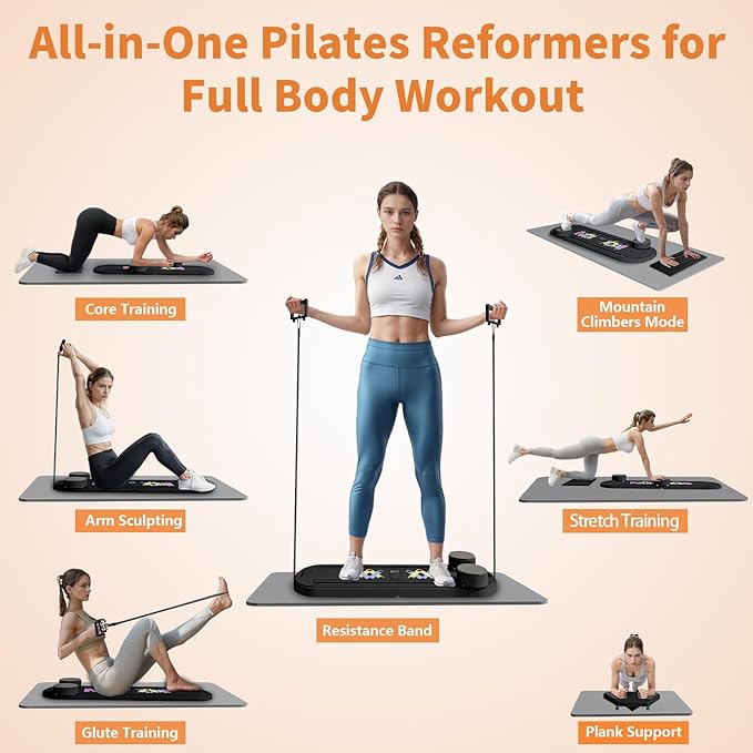 Pilates Reformer Board, 6 in 1 Portable & Foldable Pilates Reformer Set with Resistance Bands, Pilates Board for Home Workout, Multifunctional Abdominal Board