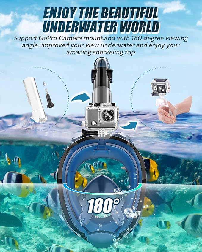 QingSong Full Face Snorkel Mask for Adults, Snorkeling Gear with Camera Mount, 180 Degree Panoramic View Snorkel Set Anti-Fog Anti-Leak