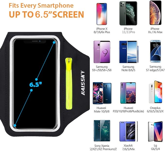 Running Armband with Earphone Bag Cell Phone Armband for iPhone 16 15 Pro 14 Plus 13 11 XR XS, Galaxy S24/S10 Water Resistant Sports Phone Holder Case & Zipper Slot Car Key Holder for 6.7 inch Phone