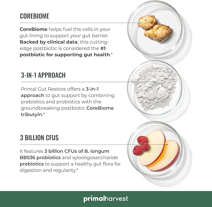 Primal Harvest 2 Pack, Restore for Gut Health, Primal Gut Restore w/POSTbiotics, PREbiotics and PRObiotics for Women and Men, 60 CT - Digestion, Colon Cleanse, Helps Leaky Gut Repair