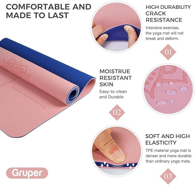 Yoga Mat Non Slip TPE Extra Wide Yoga Mat with Alignment Mark, 72"L x 32"W x 0.32"/0.24"Th (183cm x 81cm x 8mm/6mm), Anti-Tear Exercise Mat with Carrying Strap and Bag, Workout Mats for Yoga, Pilates