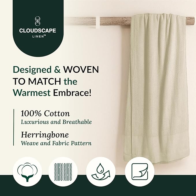 Cloud Scape Linen 100% Cotton Queen Size Blanket, Herringbone Pattern, Lightweight Summer Blanket,Best Gifts for Women, fits Full Size Bed, 92 x 92, Beige Fog