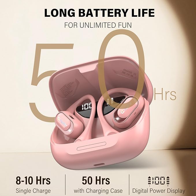 Open Ear Headphones, Bluetooth 5.4 Headphones Sports, Premium Sound with HD Mic Wireless Earbuds, 48H Playtime LED Power Display Ear Buds, IPX7 Lightweight Comfort Earphones for Running, Pink
