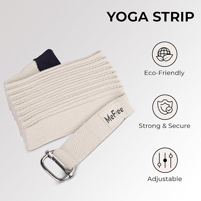 MeFree Organic Cotton Workouts Unisex Yoga Straps Belt - Exercise & Fitness for Stretching all Asanas - Strong Strap with Metal Sliding Bar Buckle