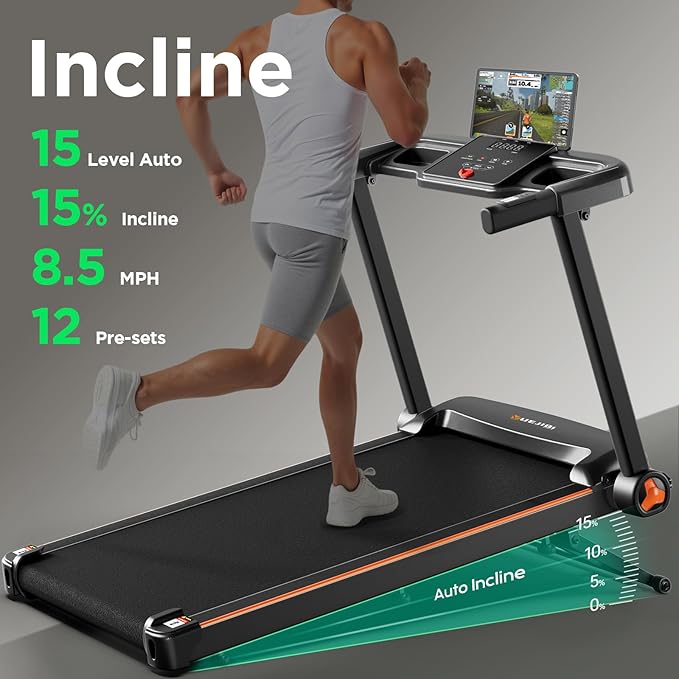 Treadmill with 0-15% Auto Incline, 3.5HP Quiet Brushless Foldable Treadmills for Home, Small Space Portable Running Walking Machine, 300 Lbs Capacity with Bluetooth APP & Pulse Monitor