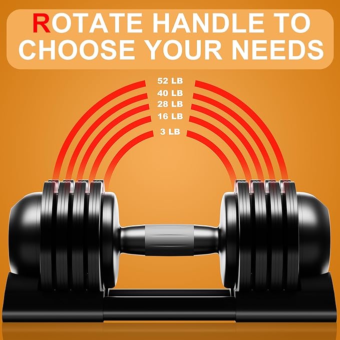 Adjustable Dumbbell,22LBS 44LBS 52LBS Dumbbell Set with Tray for Fitness, Fast Adjust Weight by Turning Anti-Slip Handle, Safety with 8 Lock Slots, Suitable for Men and Women