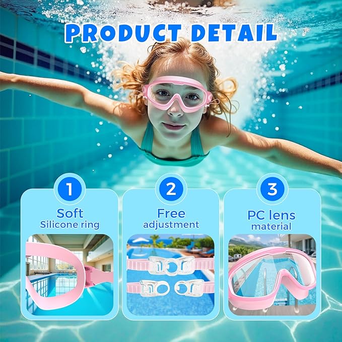 Swim Goggles for Kids 3-15 with Earplugs Large Frame Anti-Fog/UV Swimming Goggles for Boys Girls Toddler 2PCS
