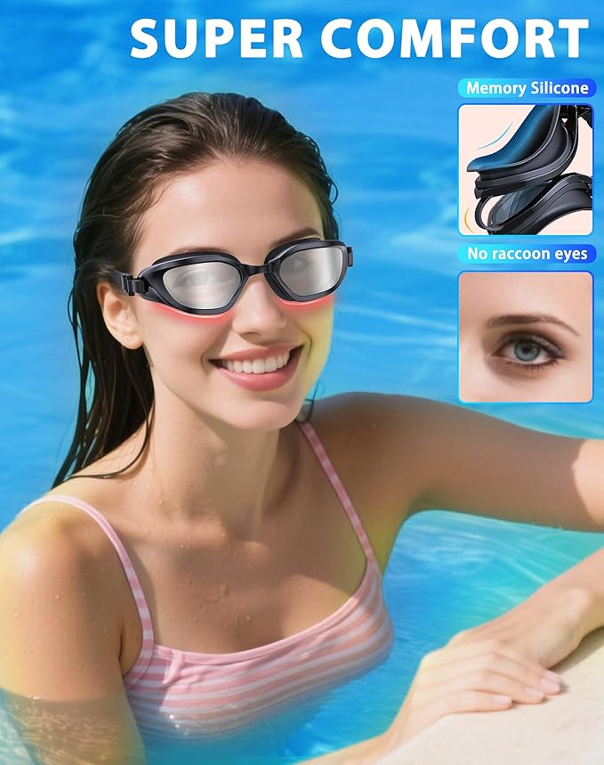 Swim Goggles, Unisex Adult Swimming Goggles Anti Fog Anti UV No Leakage Wide View for Men Women Youth